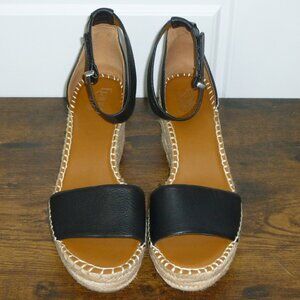 Franco Sarto Black Leather Espadrilles Wedge Sandals w/Adjustable Ankle Straps